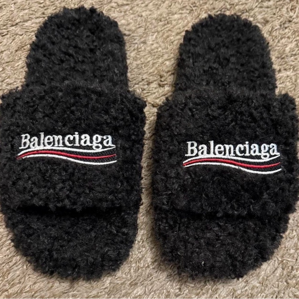 Balenciaga Black Shearling Logo Slides with Red & White Accent